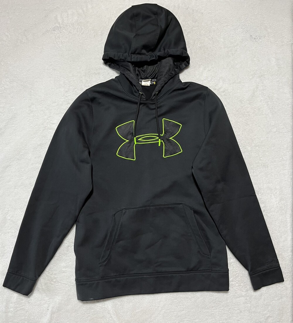 Under Armour Hoodie Mens Medium Black Neon Green Storm Pullover Sweatshirt Logo
